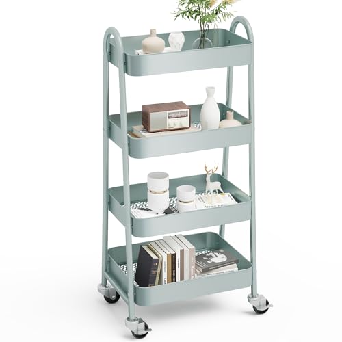 Image of OLIXIS Metal 4 Tiers Utility Rolling Cart, Mobile Storage Shelf with Lockable Caster Wheels, Organization for Livingroom, Bathroom, Kitchen, & Narrow Places, 4-Tier Green