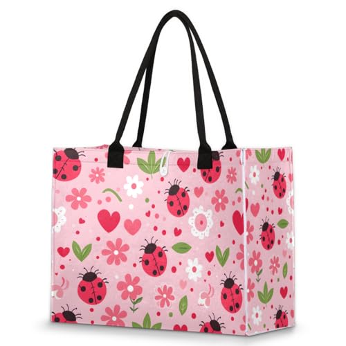 Pink Ladybugs Tote Bag for Women Large Beach Bag Reusable Tote Bags for Work Travel Beach Shopping