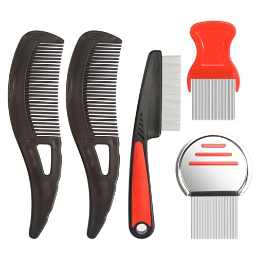 5 Stück Edelstahl Läusekamm & Schuppenkamm Set 1 Flohkamm 1 Läusekamm 2 Hohlzahn Haarbürste 1 langer Schuppenkamm Dandruff Comb Gegen Schuppen Läuse und Flöhe für Familie Katzen und Hunde