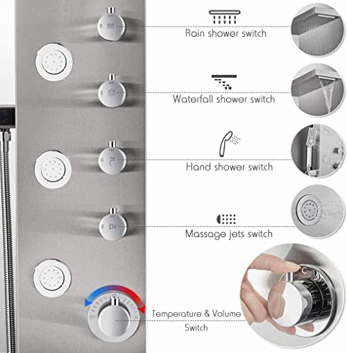 Sistema de columna de ducha de acero inoxidable con cabezal de lluvia y cascada, sistema de grifería de 6 funciones con masaje de agua y jets corporales miniatura 6