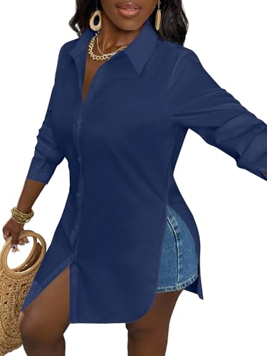Image of LYANER Women's Collar Neck Long Sleeve Button Down Shirts Sexy Split Hem Tops Long Blouse Shirt Dress