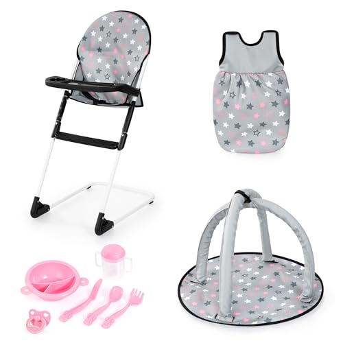 Sac de couchage pour poupon et sa chaise haute pour jouer au papa et à la maman