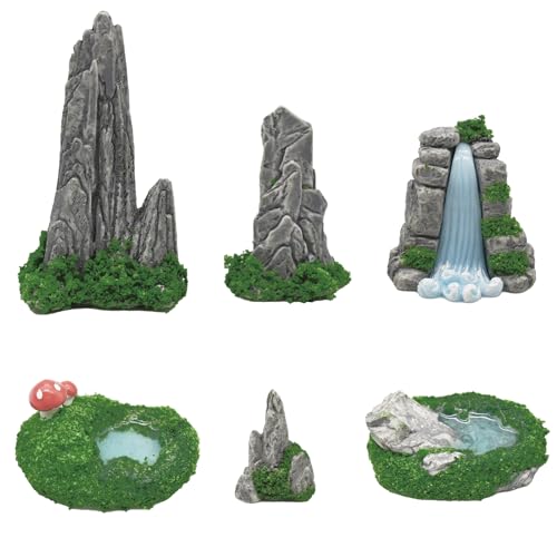 Pinenjoy 6Pcs Miniature Rockery and Pool Figurines Mini Artificial Resin Mountain Hill Pond Figures...