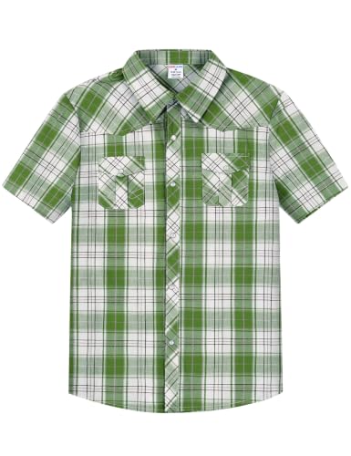 Image of COSLAND Boy's Toddler Cotton Western Short Sleeve Button Down Plaid Shirt, 4-14 Years