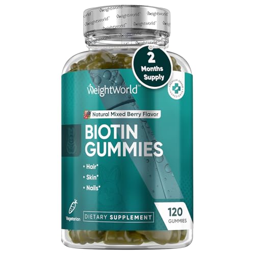 WeightWorld Biotin Gummies - Biotin & 8 Key Vitamins - Supports Normal Hair Skin & Energy Metabolism for Men & Women - Mixed Berry Flavour - Non-GMO & Gluten-Free - 5 000mcg per Serving - 120 Gummies