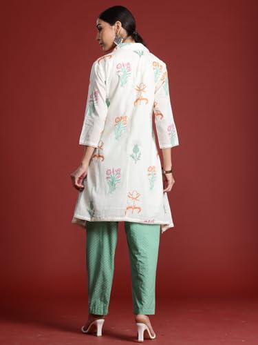 Image of INDO ERA Women's Pure Cotton A-Line Printed Kurta with Pant | Women Kurta Set | Ethnic Wear for Women | Daily Office Casual Traditional Outfit,KS0OW10128XXL
