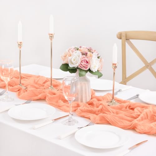 Image of MLMC 3 Pack Peach Cheesecloth Table Runner 10ft Summer Rustic Gauze Cheese Cloth Table Runner 35x120 Inches for Wedding Bridal Baby Shower Party Decor