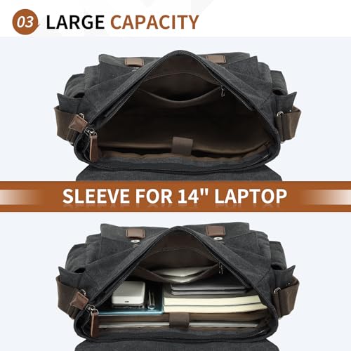 Canvas Crossbody Bag for Men and Women, Vintage Shoulder Bag with Multiple Pockets and Adjustable Strap, Fits 13 Inch Laptops, Black4