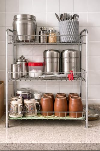 Image of 3-Tier Stainless Steel Kitchen Storage Rack, Multi-Purpose Organizer Shelf, Spice Jars Stand, Counter Organizer for Pantry Storage, 52x40x20, Silver