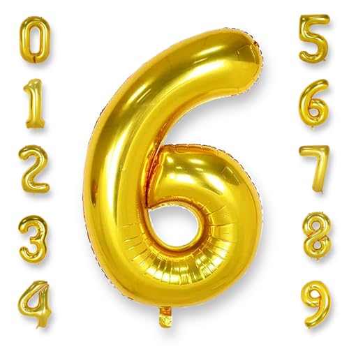 AULE 40 Inch Big Gold 6 Balloon Number Large Foil Helium Number Balloons 0-9 Jumbo Giant Happy 6th Birthday Party Decorations for Boy or Girl Huge Mylar Anniversary Party Supplies