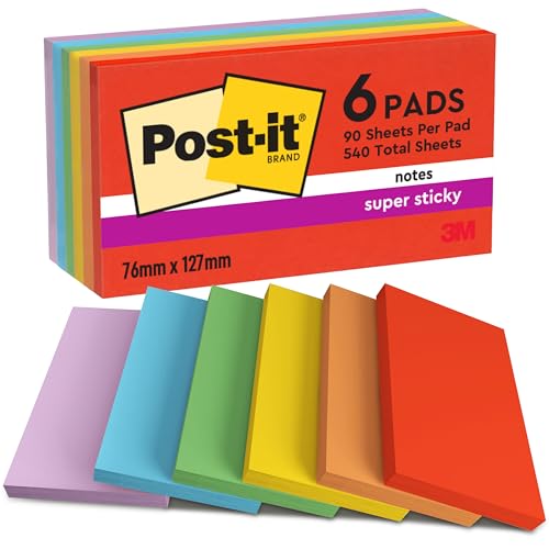 Post-It Super Sticky Notas Playful Color Collection Paquete de 6 Blocs de Notas, 90 Hojas por Bloc, 76x127 mm, Rojo, Naranja, Amarillo, Verde, Azul, Morado, para Listas de Tareas y Recordatorios