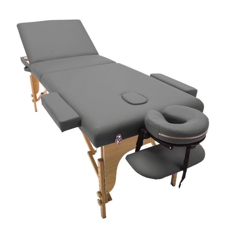 PLUS SANTE Table de Massage Pliante en Bois MIA Noir, Ivoire, Gris, Bleu, Rose, 60 ou 70cm, 3 Plans légère avec Sac de Transport et Accessoires (Gris,...