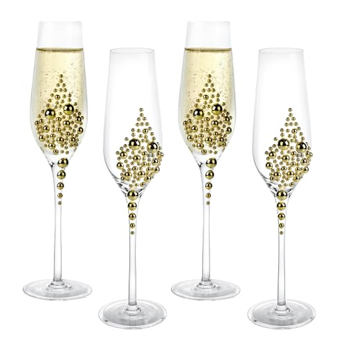 MyGift Champagne Flutes 6 oz, Clear Glass Stemmed Toasting Glasses with Faux Gold Pearls...