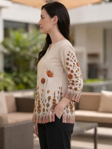 Image of Bollyclues Women's Cotton Floral Printed Top | 3 /4 Sleeve V-Neck Casual Tunic | Stylish Printed Tops for Office, Workwear