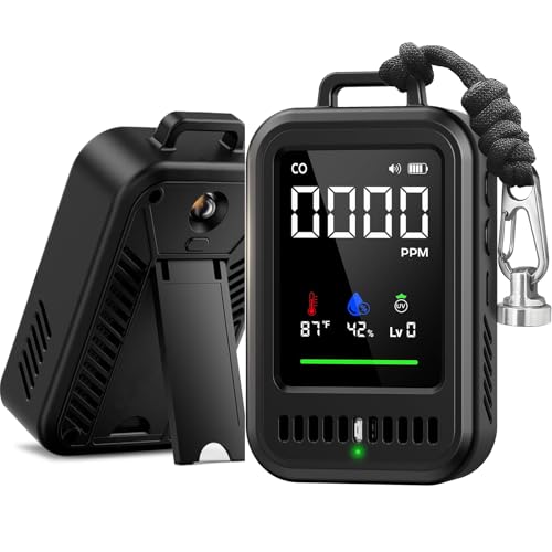 4-in-1 Portable Carbon Monoxide Detector for Travel & Camping, Rechargeable CO Monitor with Temperature, Humidity & UV Index Display, 1000mAh Battery, Magnetic & Lanyard for RV, Car, Tent, Hotel