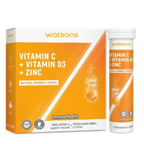 WATSONS Vitamin C + Vitamin D3 + Zinc Effervescent Tablets Natural Orange Flavour (For Immune Health) 15s x 3 Tubes