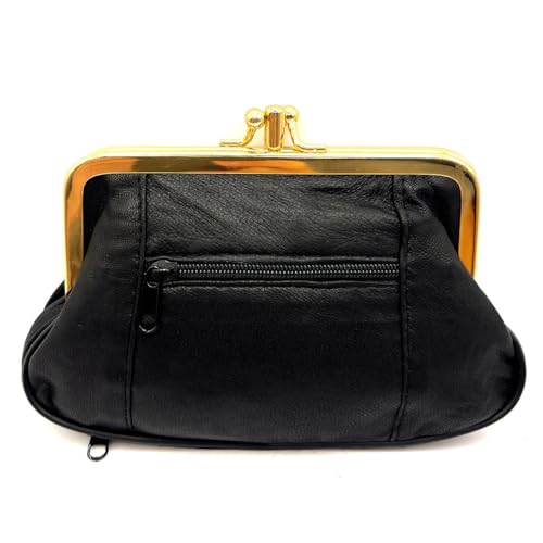 Charmoni - Portefeuille Femme - Porte Monnaie Fermeture clic clac Fermoir - Poche zippée - en Cuir d'agneau - 15 x 10 x 1 cm (Noir)