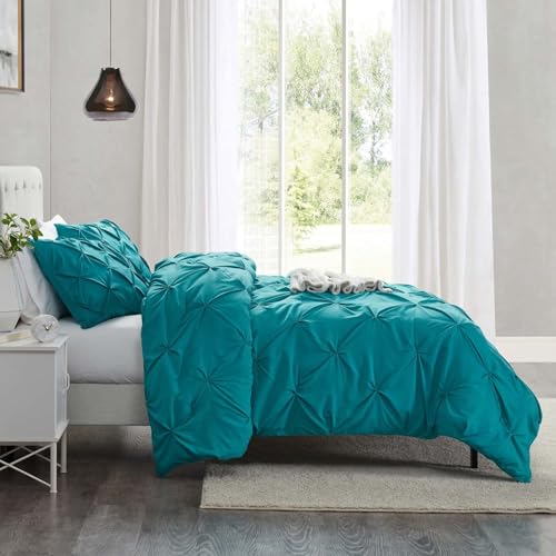 Image of Nestl Twin Duvet Cover Set Teal - Soft Double Brushed Duvet Set with Button Closure & Corner Ties, 2 Piece Luxurious Pinch Pleated Duvet Cover Set 68x90 Inches with 1 Pillow Sham