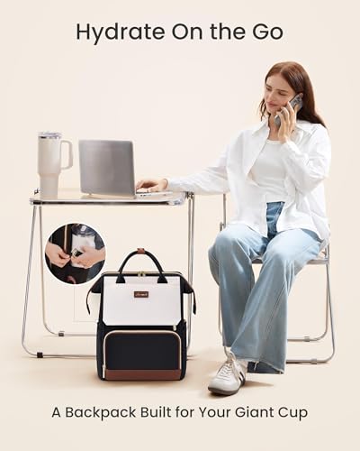 Image of LOVEVOOK Laptop Backpack for Women with Giant Tumbler Holder Pocket, 18 inch Travel Work Bag Purse for Nurse Teacher, Waterproof Casual Daypack Bookbag for College Business
