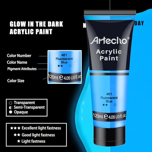 Image of Artecho Green Glow in the Dark Acrylic Paint Set, 120ml / 4.05oz | Non-Toxic, Waterproof, For Canvas Rock Wood Fabric, Rich Pigment, For Adults & Hobbyists