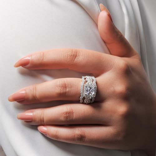 Princess Cut Cubic Zirconia Halo Promise Engagement Ring For Women in 925 Sterling Silver, Simulated Diamond 14k White Gold Plated CZ Stackable Rings For Her, Wedding Band Bridal Ring Set 6