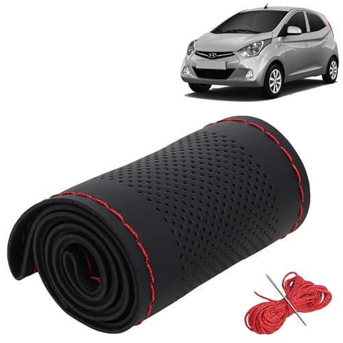 Image of KINGSWAY PU Leatherite Car Steering Cover Sewable Compatible with Hyundai Eon (Year 2011-2019), Black Color with Red Thread, Pack of 1 with Sewing Needle and Thread