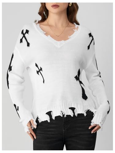Image of BEAUDRM Women's Graphic Sweaters V Neck Long Sleeve Distressed Sweaters Raw Hem Knitted Pullover Top White Medium