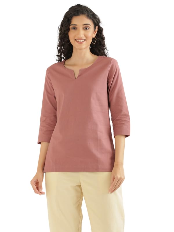 Image of SAADAA Airy Linen Split Neck Short Kurta for Women | Casual & Office Wear | 3 /4 Sleeves, Comfortable Fit | Elegant Top | Lightweight & Breathable Fabric |