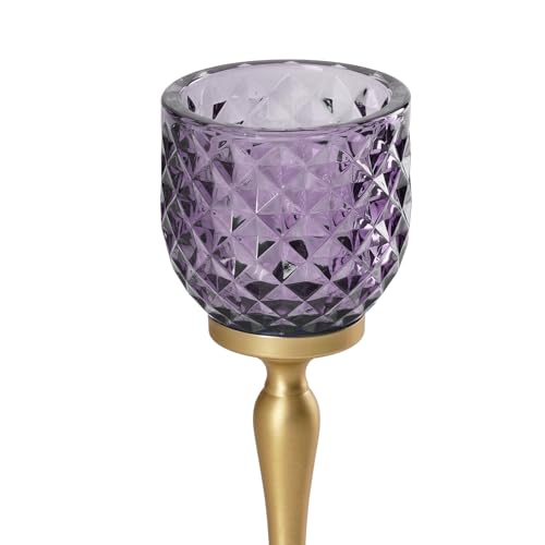 Image of Pure Home + Living Purple Diamond Cut Hurricane - Small Candle Holders for Home Decor with Glass Hurricane, Dining Table Decor, Candle Holder, Decorative Candle Stands for Home Decor