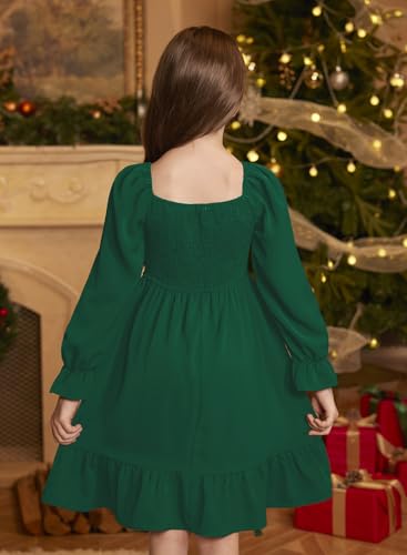 Girls Fall Ruffle Square Neck Dresses Long Puff Sleeve Smocked Elastic Cuffs Swing Midi Dress 6-14 Years2