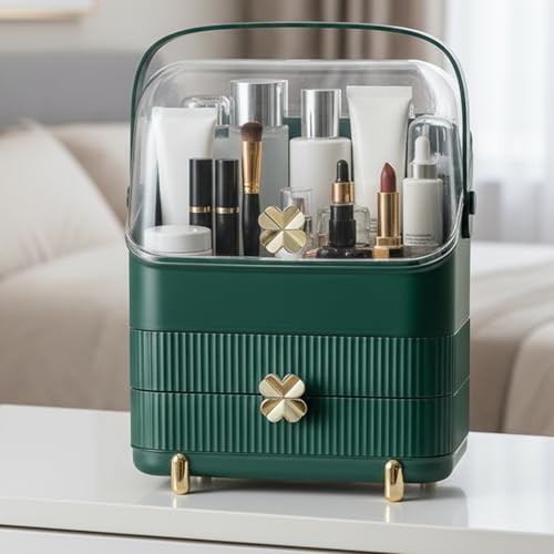 Image of Amazon Basics Glossy HIPS+PS Cosmetic Storage Organizer | 28 x 18 x 36 cm | 3 Compartments | Waterproof & Dustproof Lid | Green