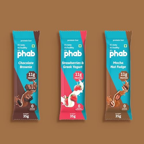 Image of Phab Assorted Protein Bars (Chocolate, Mocha, Strawberry) 11g Protein, No Added Sugar | High Fibre, Trans Fat-Free & No Preservatives |Healthy & Tasty | GMO Free (Pack of 12 x 35g)