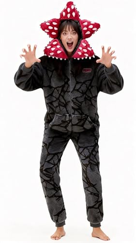 Beita Demogorgon Hooded Jumpsuit Onesie with Red Polka Dot Hood, Black Thermal Fall Winter Sleepwear (US, Alpha, Small, Medium, Regular, Short)