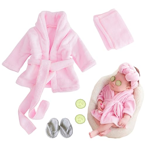 Xanewza 6 Stück Neugeborenen Fotografie Requisiten, Fotoshooting Kostüme, Bademäntel Badetuch Outfit mit Hausschuhe Gurke Foto Requisiten für Kleinkind Jungen Mädchen 0-3 Monate(Rosa)