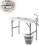 MQJ Mesa de Fregadero de Camping Plegable Portátil, Diseño Del Grifo Del Fregadero con Tablero de Corte Plegable 30L Cubo Plegable Plegable Al Aire Libre Camping Picnic Fregadero Plegable, Blanco