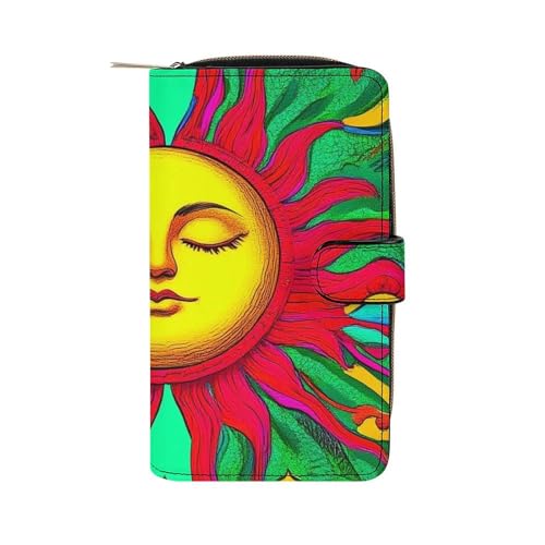 PU Leather Wallet with 12 Card Slots, Women Men Portable Wallets Multi-Functional Purse for Work, Travel, Trippy Sun Art Elegant Large Capacity Wallet