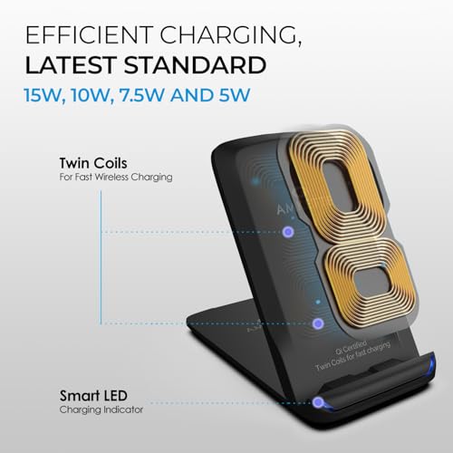 Image of Amkette PowerPro Air 600, 15W Twin Coil Wireless Charger and Phone Stand for Wirelessly Charging Smartphones Like Samsung, Google Pixel, One Plus, Xiomi and More | Adaptive Charging | Black