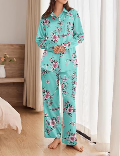 Ekouaer Womens Satin Silky Pajama Set 2 Piece Print PJs Soft Loungewear Button Down Sleepwear with Elastic Waist Long Pants