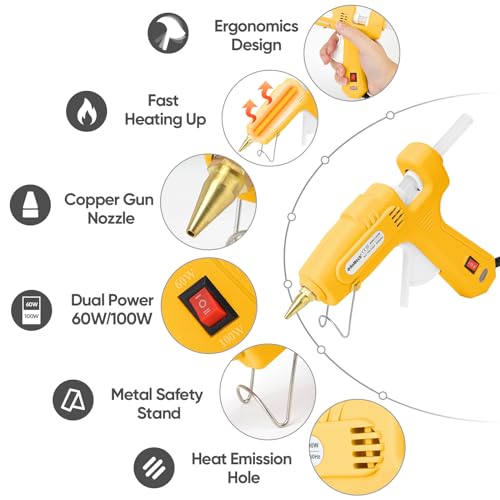 Image of ROMECH Full Size Hot Glue Gun with 60 /100W Dual Power and 21 Hot Glue Sticks (7 /16 inch), Fast Preheating Heavy Duty Industrial Gluegun with Storage Case for Crafting, DIY and Repairs (Yellow)