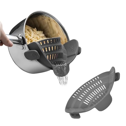 SONGWEITEC Colino a Scatto in Silicone, Scolapasta in Silicone con Clip, Scolapasta da Bordo Pentola, Colino Cucina, Accessorio da Cucina per Scolare Pasta, Carne, Verdura, Frutta e Spaghetti(Grigio)