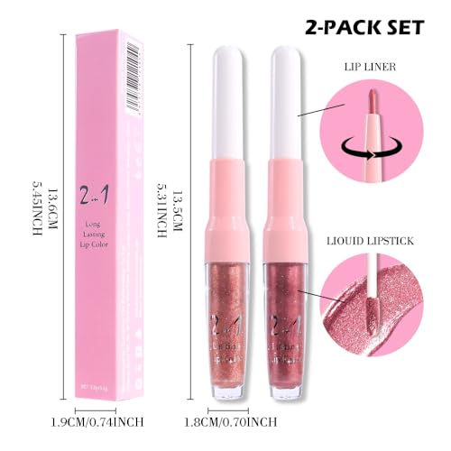 Image of evpct 2Pcs Rose Gold Mauve Metallic Glitter Lip Liner and Lipstick Combo, Shimmery Lip Gloss Stain Set Makeup for Women Long Lasting Waterproof 24, Metallic Shimmer Iridescent Glossy Liquid Lipstick