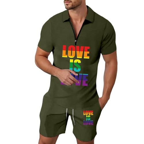 Caxndycing Pride Outfit LGBTQ Costume arc-en-ciel pour homme avec polo et short CSD Party Jogging Love is Love Festival Tenues CSD Party Survêtement de sport, Vert militaire., M