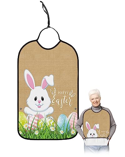 Kewadony Adult Bibs for Elderly Women - Happy Easter Bunny Waterproof Dining Clothing Protectors with Crumb Catcher for Eating/Feeding, Spring Daisy and Eggs on Grass Terry Cloth Bib Machine Washable