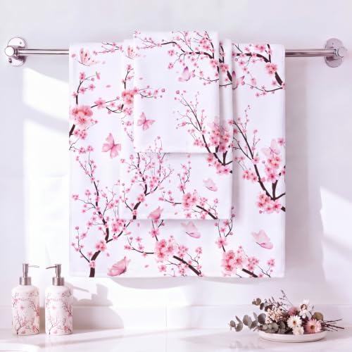 Preboun 3 Pack Cherry Blossom Bathroom Towels Set Spring Cherry Flower Hand Towels Watercolor Pink Sakura Bath Towels Butterfly Dish Towels Absorbent Fingertip Towel for Bathroom Kitchen Hotel Beach