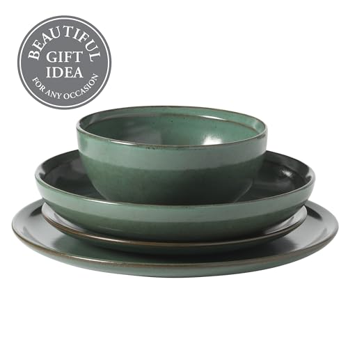 Image of Gibson Elite Beckett Stoneware Matte Reactive Glaze 16 Piece (Service for 4) Plates and Bowls Dinnerware Set - Green