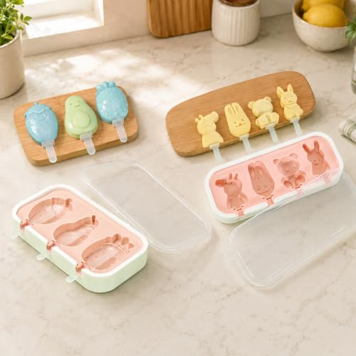 Image of 3 Fruit & 4 Cartoon Shape Cavity Non-Stick Silicone Ice Cream Mould with Lid & Plastic Sticks Reusable Frozen Candy, Kulfi Molds, BPA-Free DIY Icecream Popsicle Maker (Multicolor, Pack of 2)