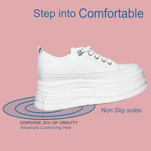 4 inch White Platform Sneakers for Women - Chunky Non Slip Sole Slip On Casual Shoes Women’s Fashion Sneakers with 7cm Platform & 2cm Hidden Heel Walking Shoes (White/Black)3