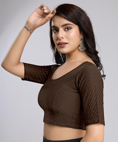 Image of TRENDMALLS Women's Dobby Pure Cotton Elastin Stretchable Readymade Round Neck Elbow Length Sleeves Blouse Choli Stylish Saree Blouse Ready to Wear