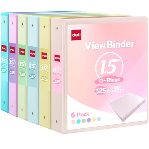 Deli 1.5-inch 3 Ring Binder with 2 Interior Pockets 325 Sheets Capacity 1.5 inch Binders fits 11 x 8.5 US Letter Size Assorted 6 Pastel Colors 6 Pack