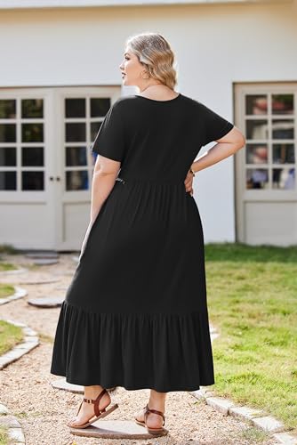 Image of IN'VOLAND Women Plus Size Short Sleeve Dress Loose Plain Casual Summer Flowy Tiered Long Maxi Dresses with Pockets